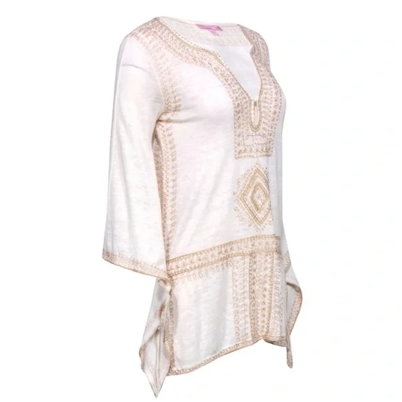 Calypso St. Barth Etasa Tunic Linen White Ivory Flared Sleeve Embroidered Blouse - Picture 3 of 9